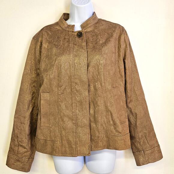 Chico's Jacquard Linea Blazer Jacket Size 2 / L Tan and Gold Accent Mature - Picture 1 of 10